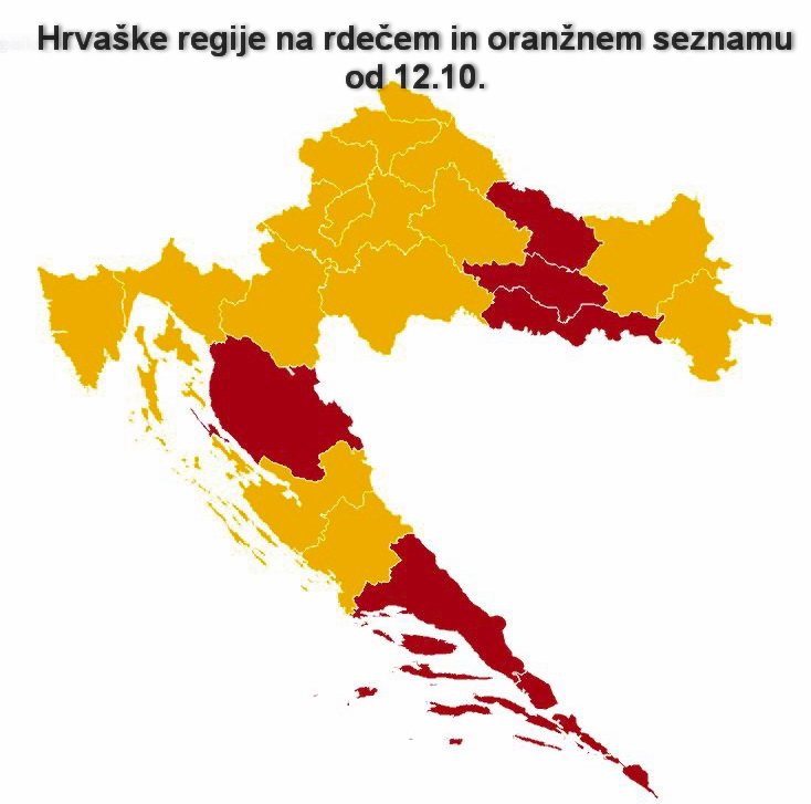 Hrvaška - rdeče in oranžne regije