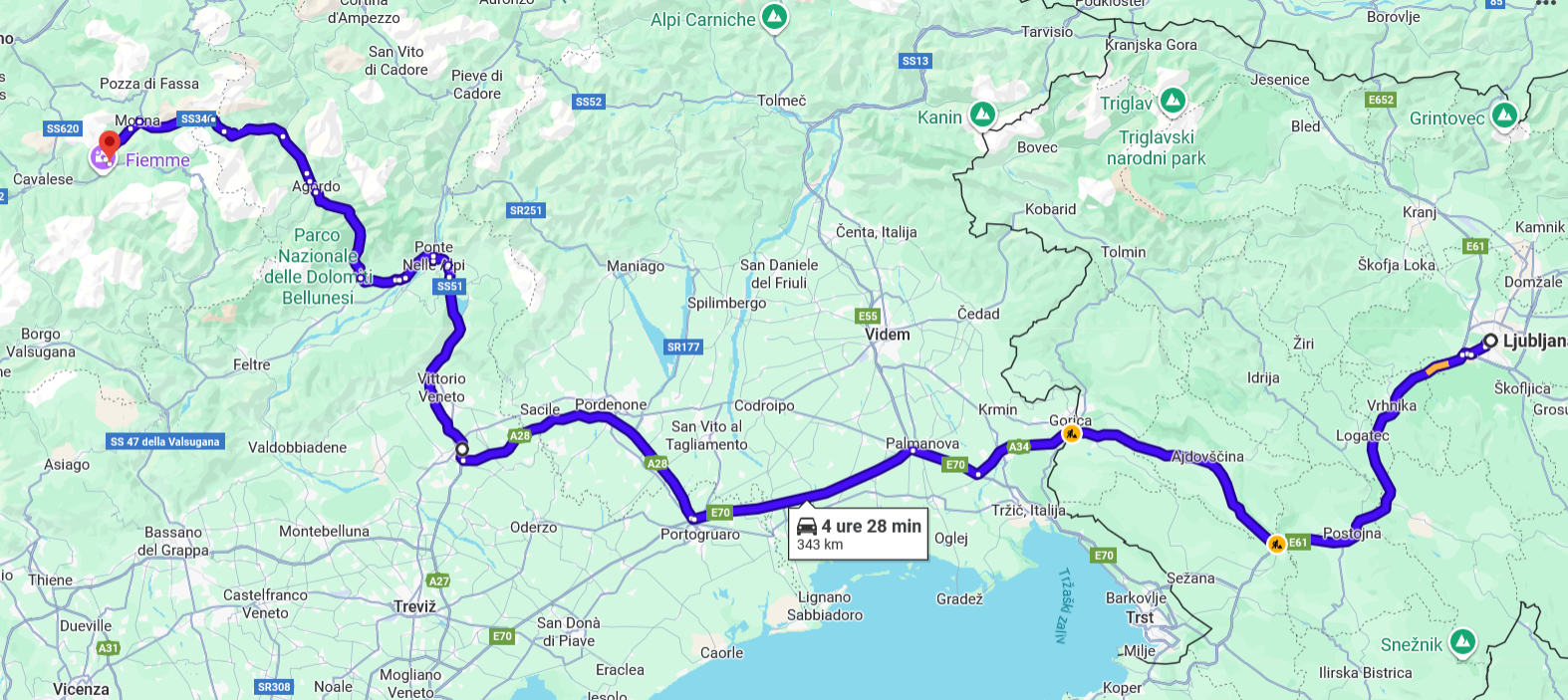 Najboljša pot Ljubljana - Predazzo - Avtokampi.si